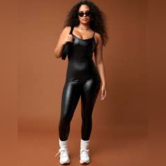 Offline by Aerie Pants - OFFLINE by Aerie Faux Leather Spaghetti Strap Jumpsuit – Black – Size Medium
